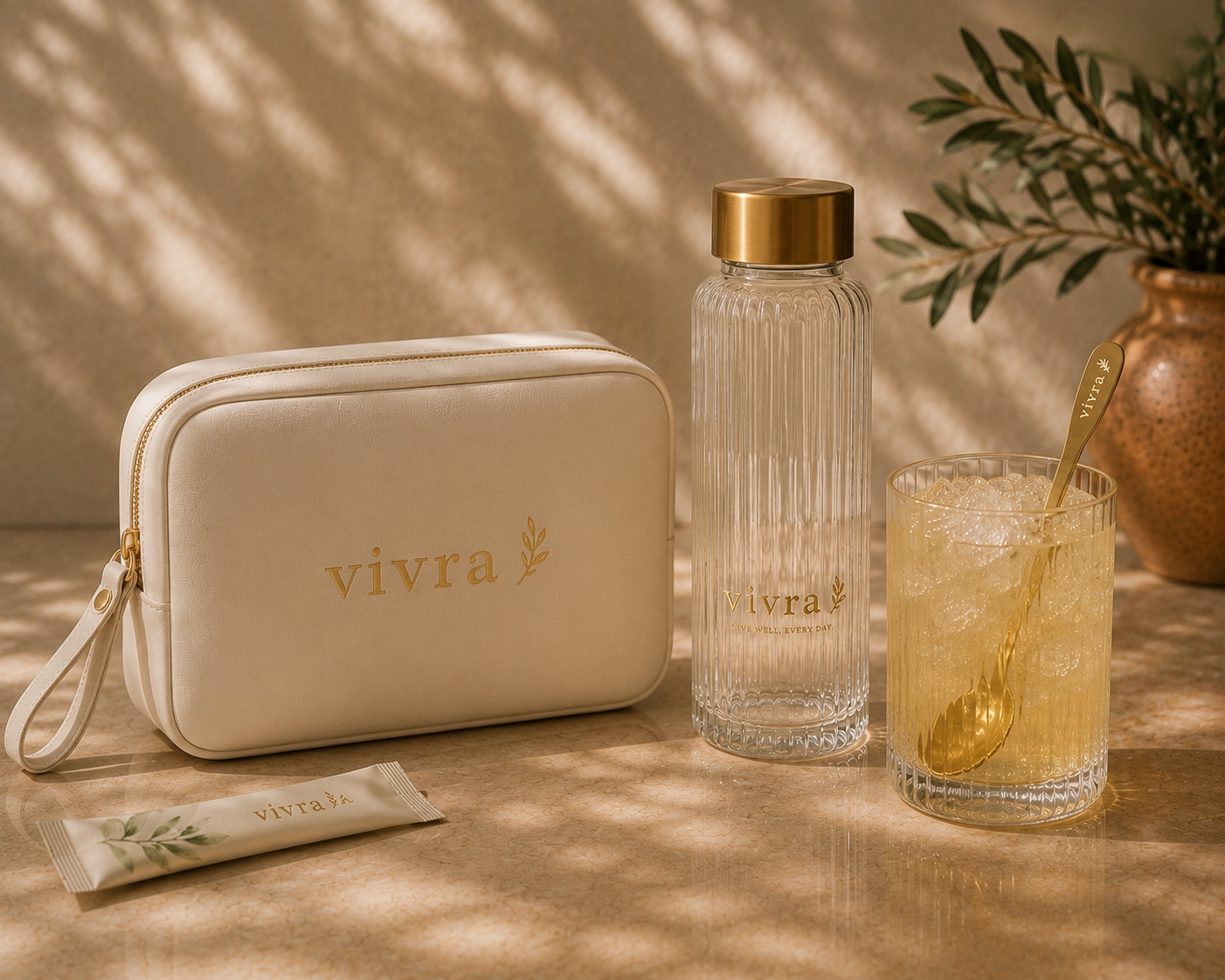 VIVRA Daily Wellness box with individual powder sachets, glass bottle and travel case
